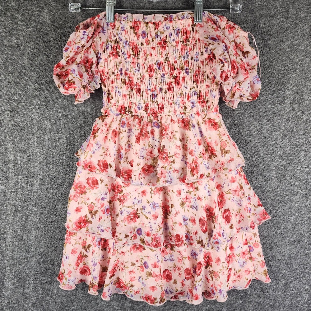 Thirty Thirty Dress Womens XS 6EKUQ761 Pink Floral Smocked Tiered Ruffle EUC